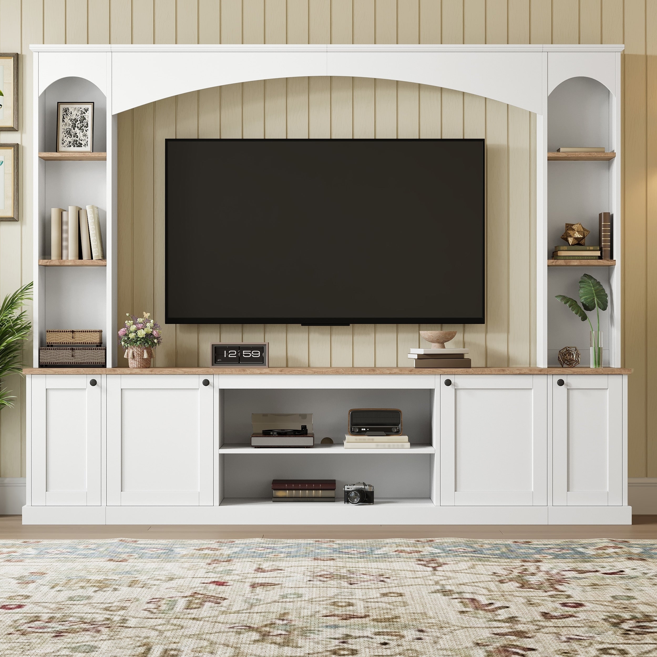 Entertainment Center Arched Wall Unit White MDF Fits TV 91.6x14.9x73.8 In