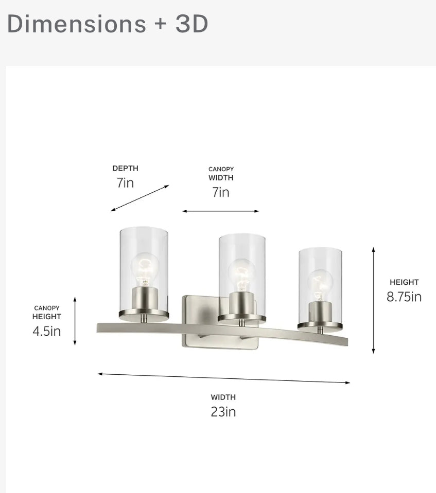 Open Box "KICHLER Crosby 23"" 3-Light Vanity Light with Clear Glass in Brushed Nickel, for Bathroom, Powder Room, (23"" x 8.75""), 45497NICLR"