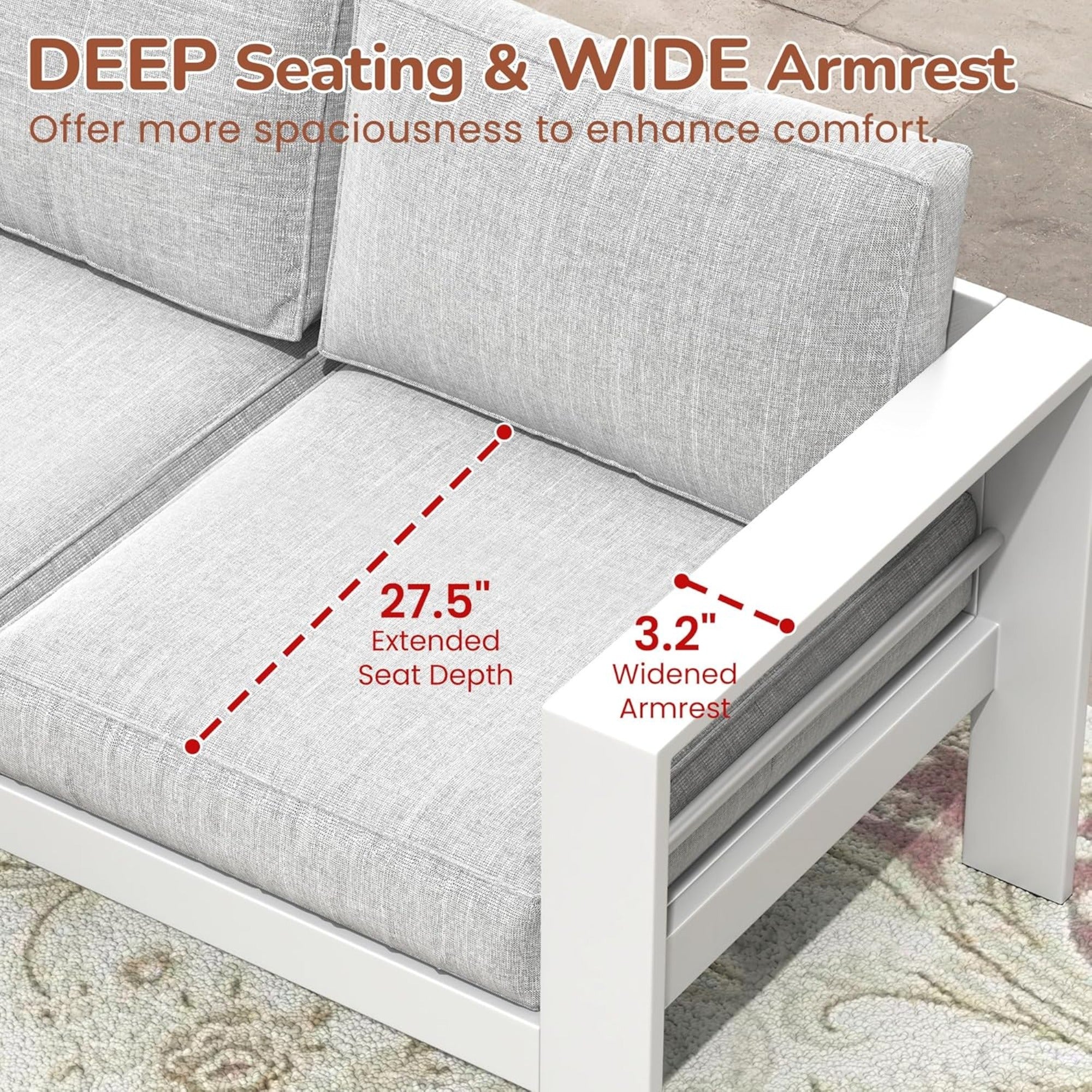 Outdoor Patio Set Aluminum White Gray Olefin Cushions 3 Piece