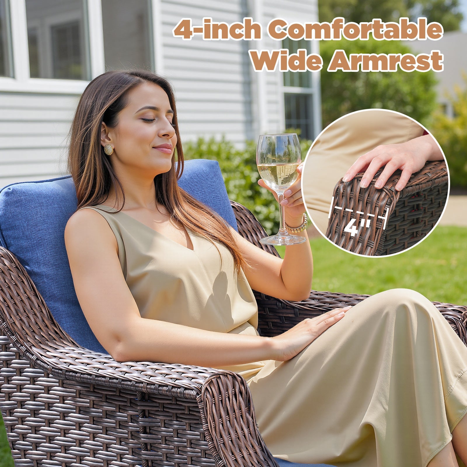 Outdoor Patio Set Wicker Swivel Rocker Blue 3 Piece with Side Table