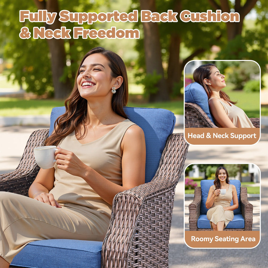 Outdoor Patio Set Wicker Swivel Rocker Blue 3 Piece with Side Table