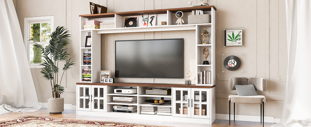 Entertainment Center Wall Unit White MDF Glass Fits 80 In TV 95.5x78.7 In