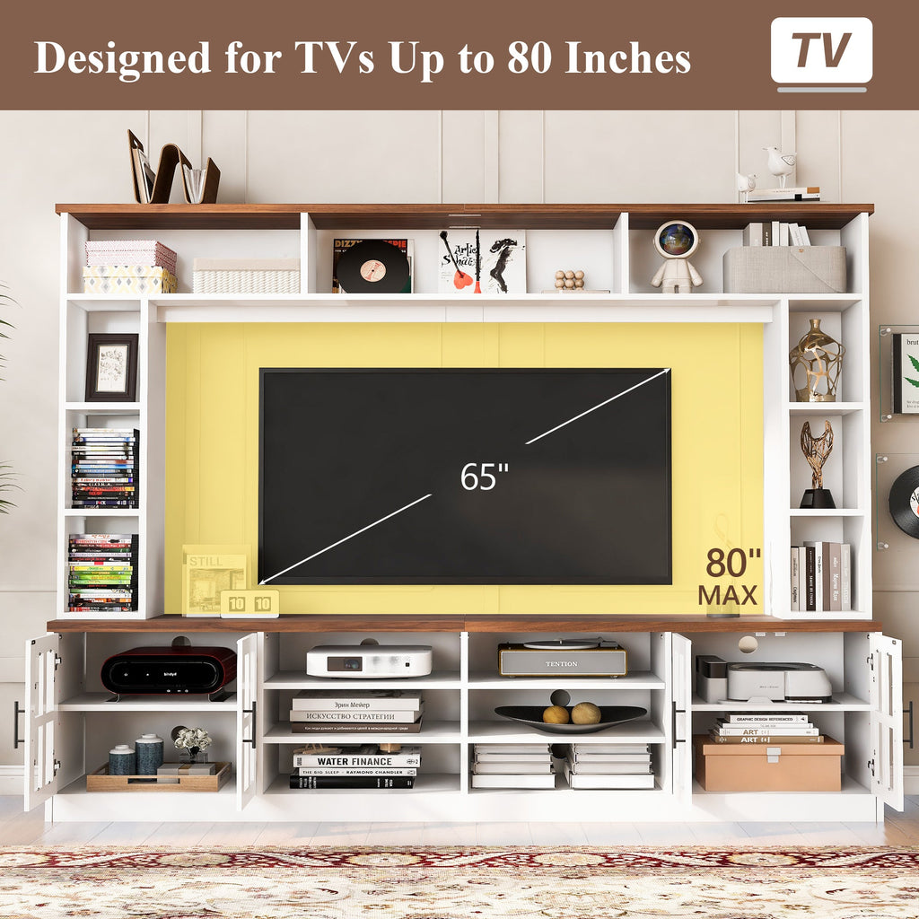 Entertainment Center Wall Unit White MDF Glass Fits 80 In TV 95.5x78.7 In