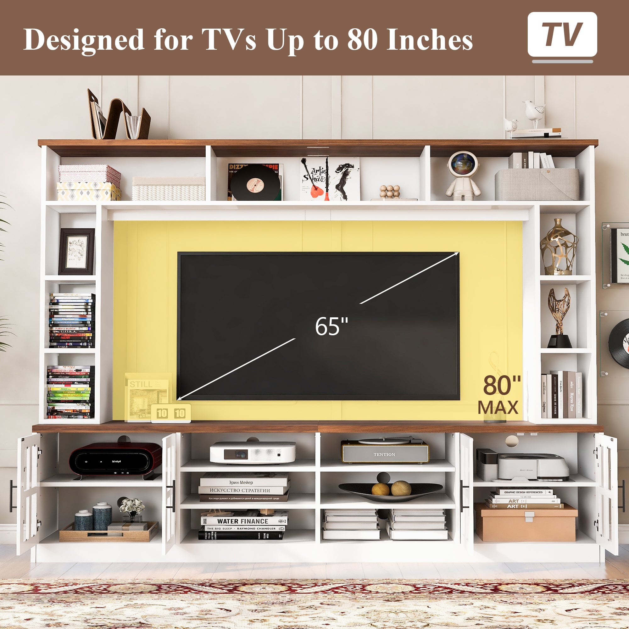 Entertainment Center Wall Unit White MDF Glass Fits 80 In TV 95.5x78.7 In