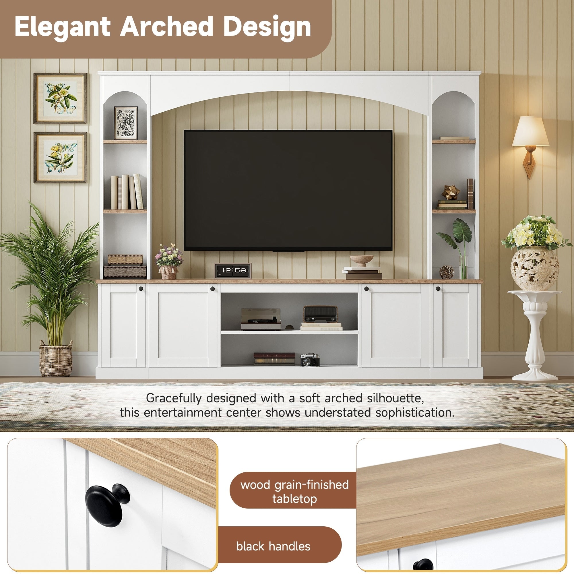 Entertainment Center Arched Wall Unit White MDF Fits TV 91.6x14.9x73.8 In