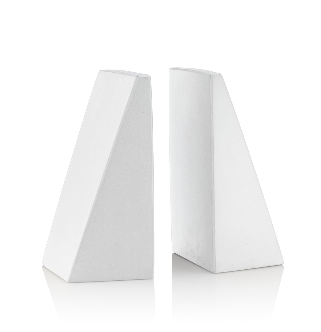 Port Living Company White Concrete Angular Bookends, Heavy Geometric Decor for Book Shelves, Pair