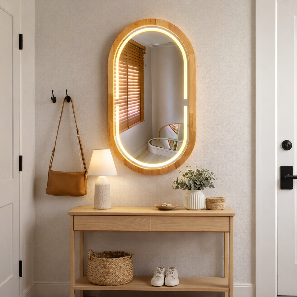 Handmade Beech Wood Framed LED Capsule Mirror Dimmable Lighted Wall Mirror