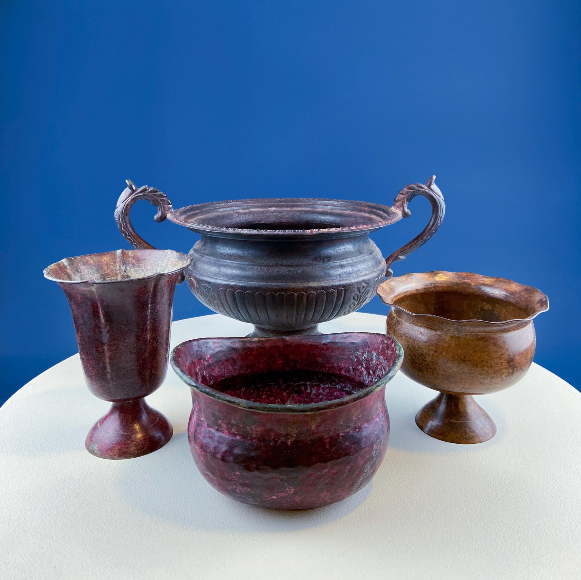 Collection of Rustic Metal Urns Jardinieres. Flower Arrangements or Herb Garden. Set of 4 Planters. Home Retail Decor. Florist Supplies.