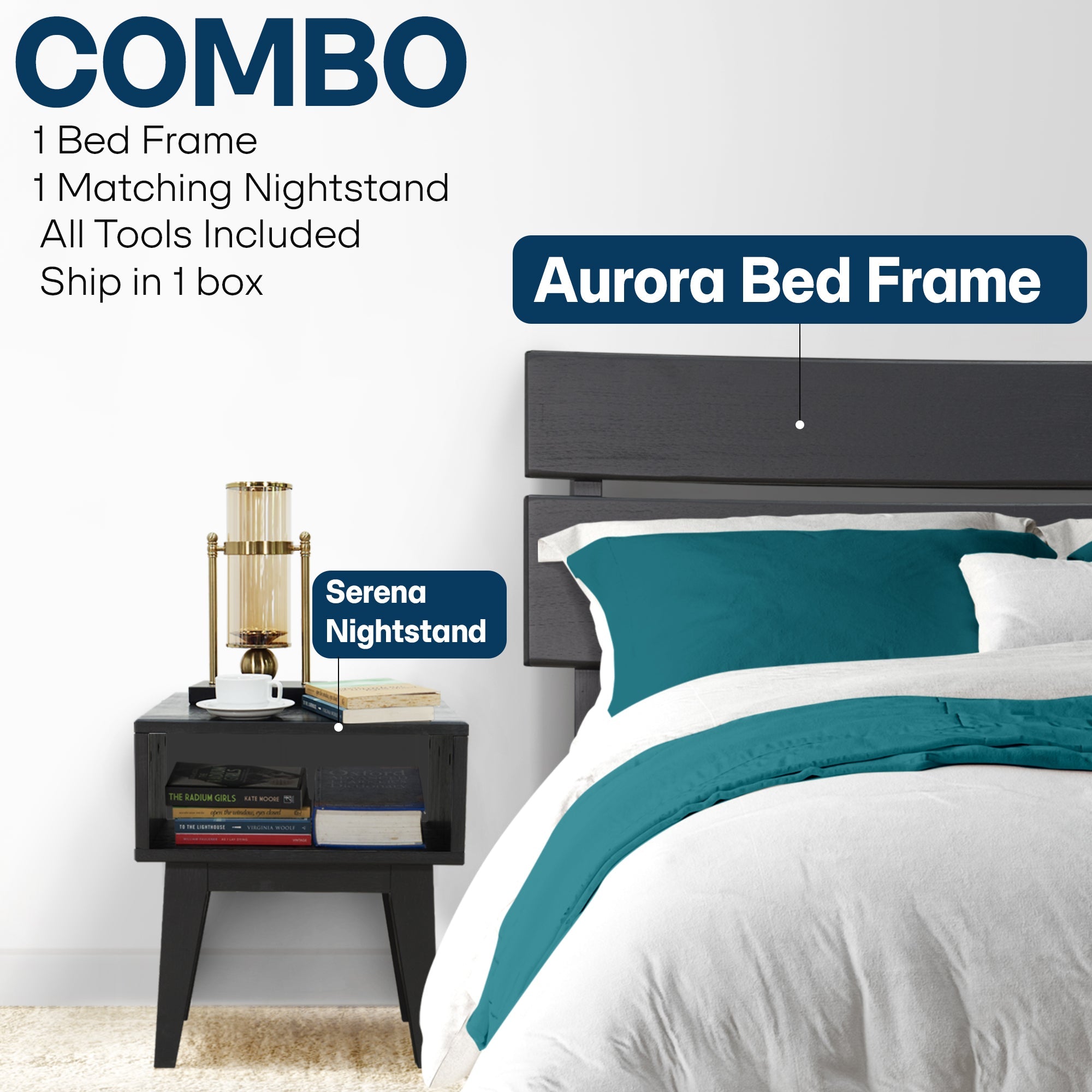 Aurora Solid Wood Bed Frame & Nightstand