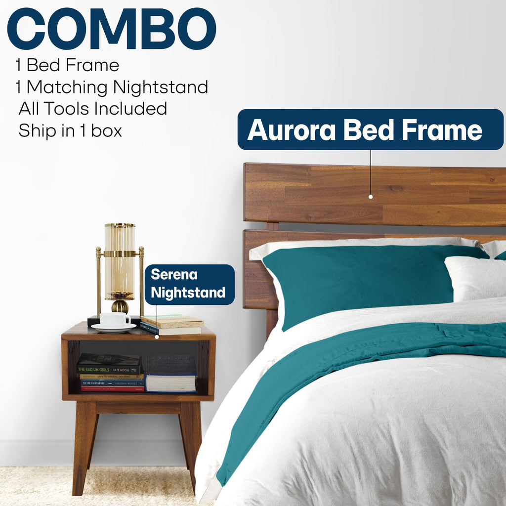 Aurora Solid Wood Bed Frame & Nightstand
