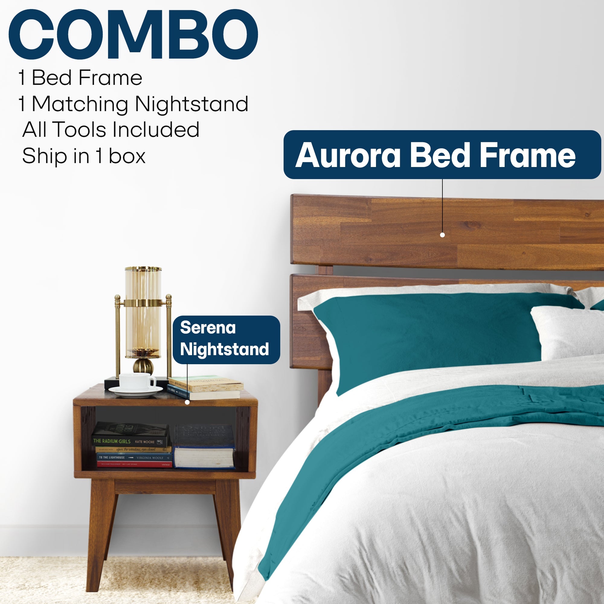 Aurora Solid Wood Bed Frame & Nightstand