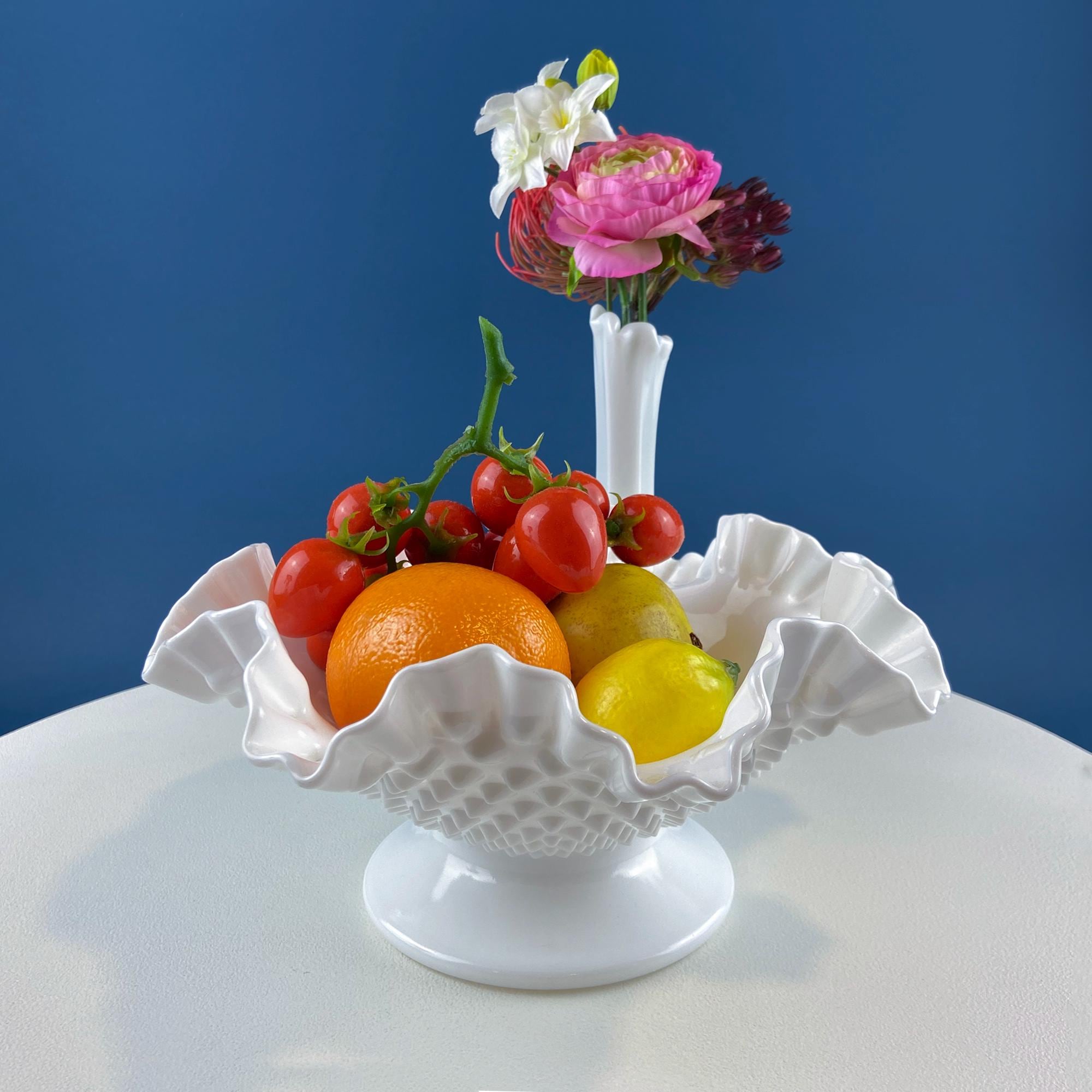 Fenton Milk Glass Hobnail Footed Bowl with Ruffled Edge. Vintage Collectible White Fruit Serving Dish. Dining Room Decor. Table Centerpiece.