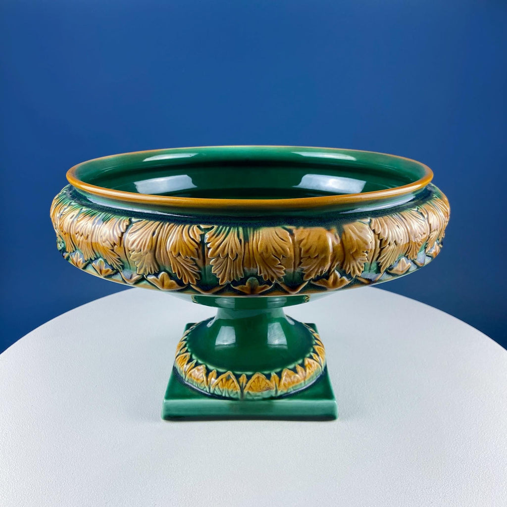 Green Majolica Ceramic Centerpiece Bowl with Gold Relief. Abigails Italy. Art Nouveau Flower Fern Jardiniere. Table Centerpiece. Dining Room Decor.