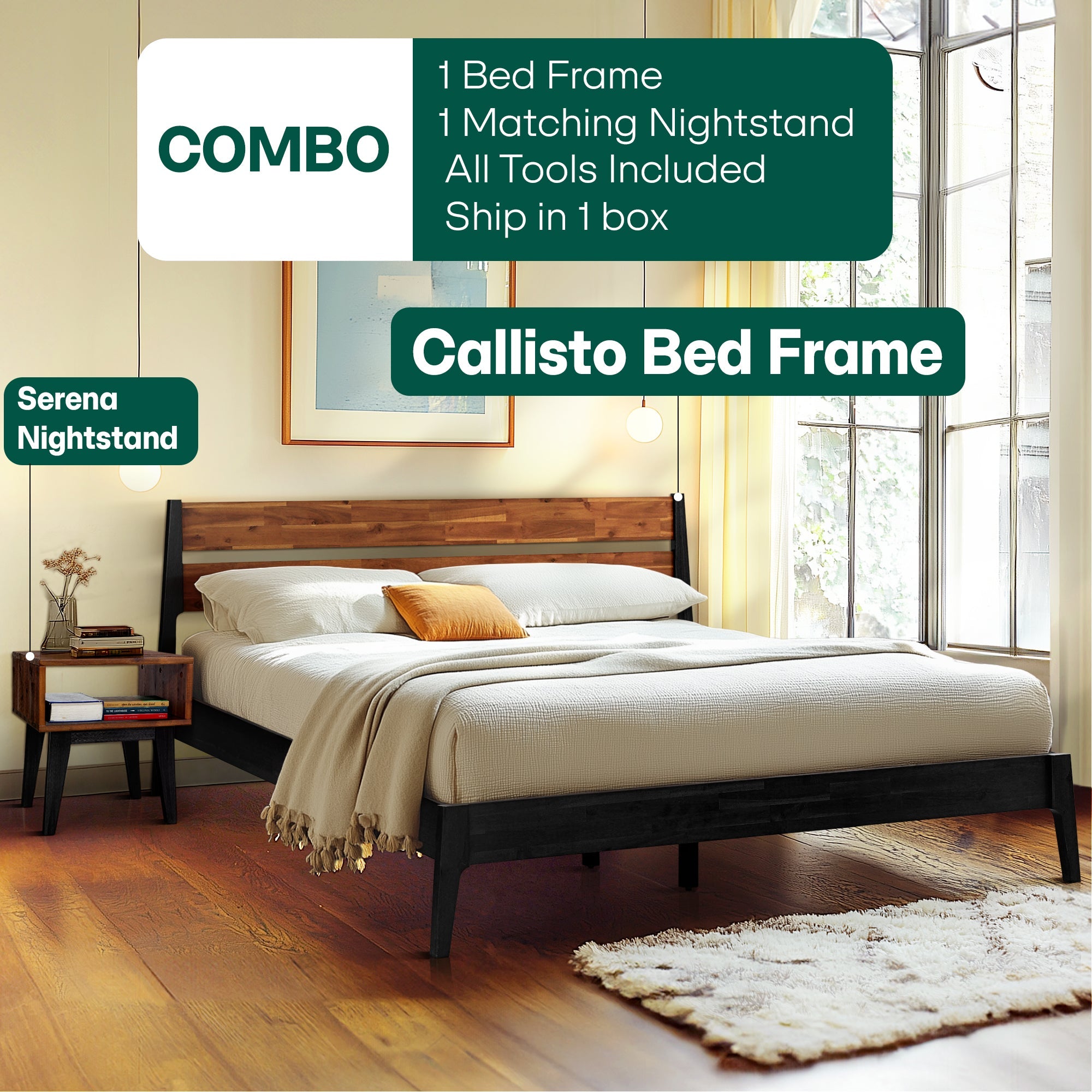 Callisto Solid Wood Bed Frame and Nightstand