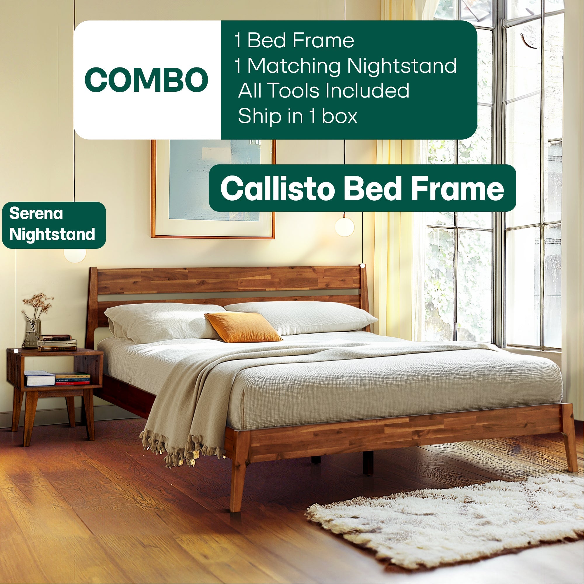 Callisto Solid Wood Bed Frame and Nightstand
