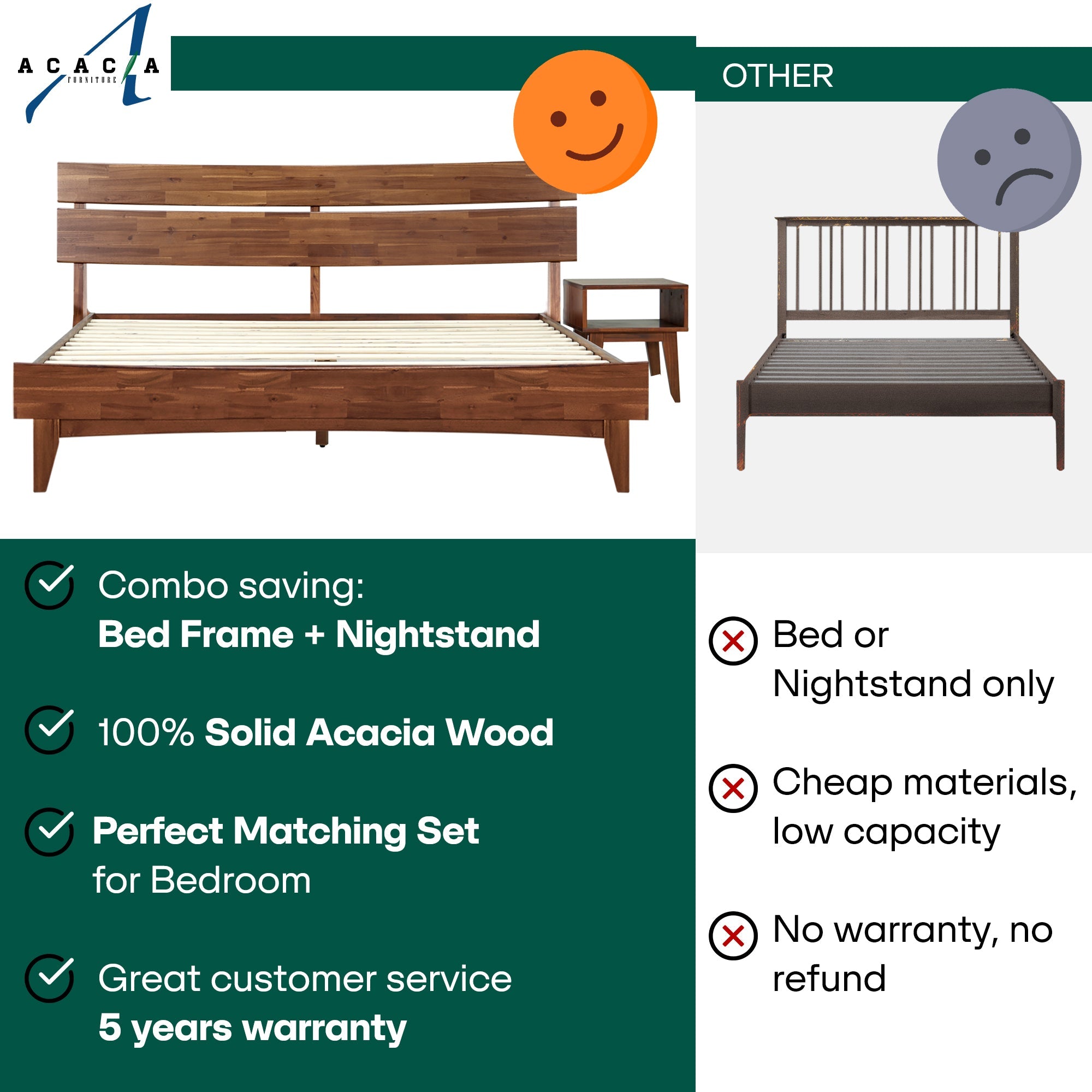 Aurora Solid Wood Bed Frame & Nightstand
