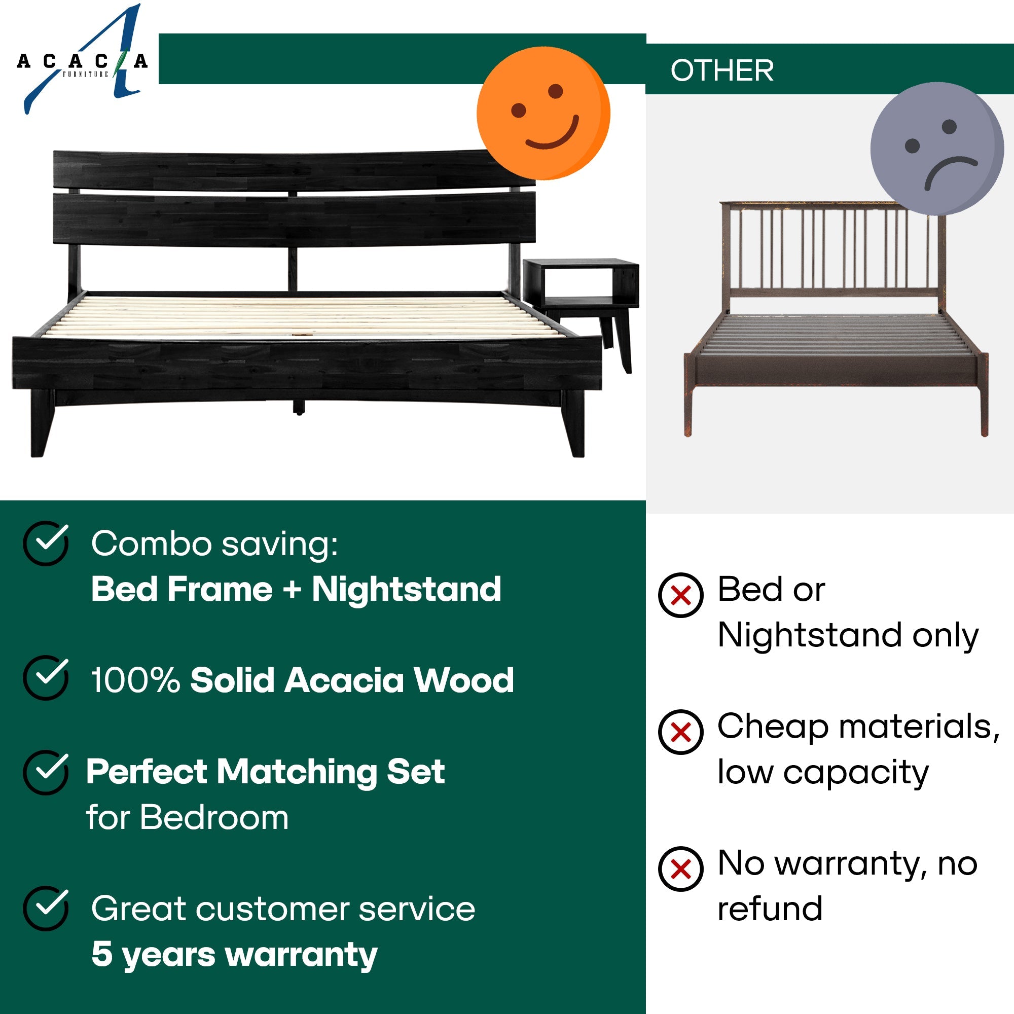 Aurora Solid Wood Bed Frame & Nightstand