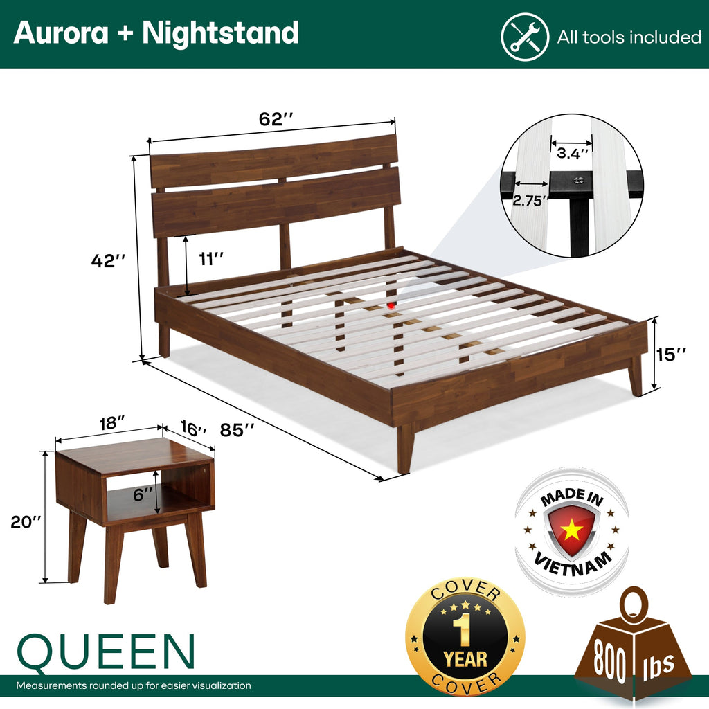 Aurora Solid Wood Bed Frame & Nightstand