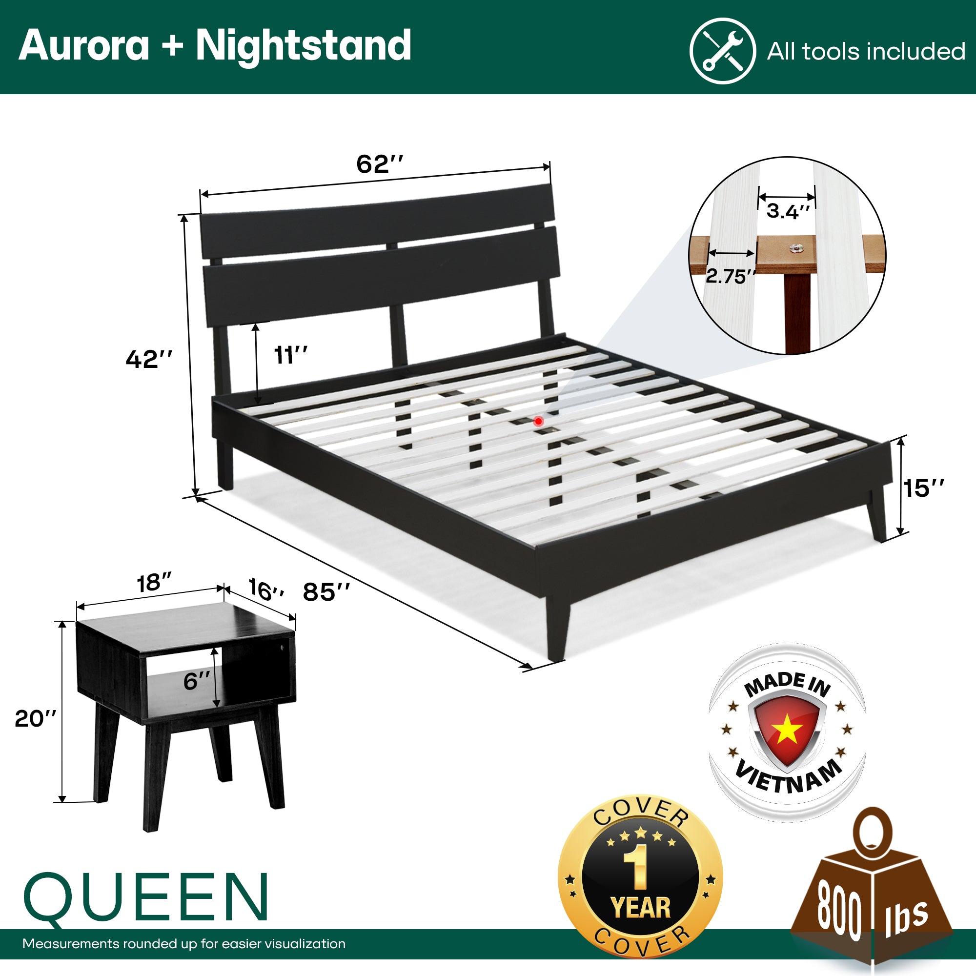 Aurora Solid Wood Bed Frame & Nightstand