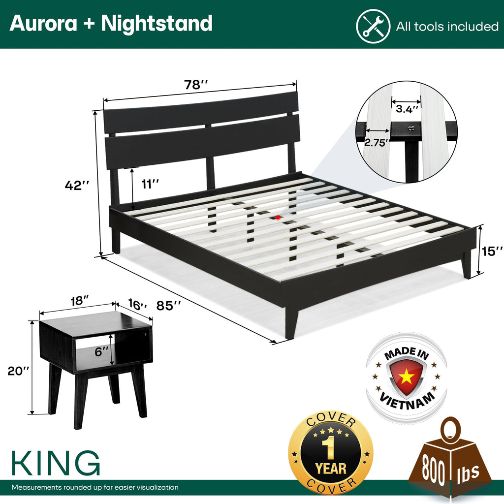 Aurora Solid Wood Bed Frame & Nightstand