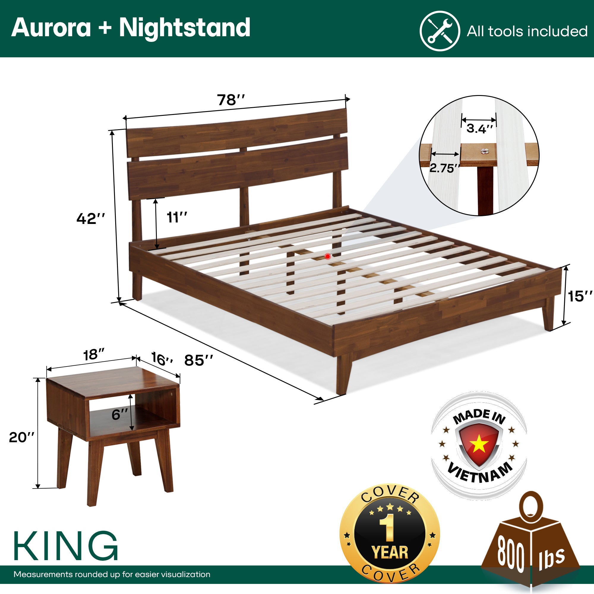 Aurora Solid Wood Bed Frame & Nightstand