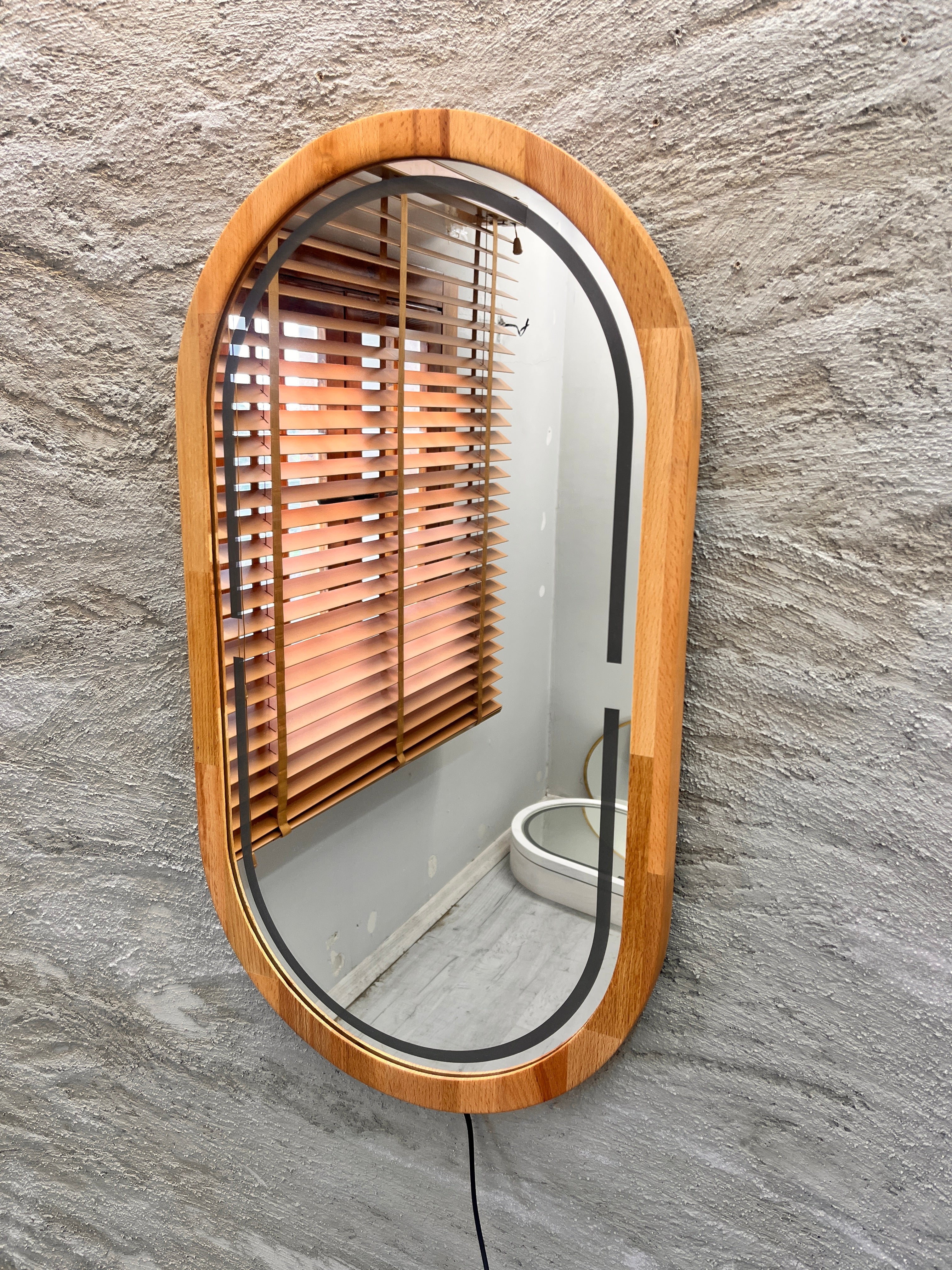 Handmade Beech Wood Framed LED Capsule Mirror Dimmable Lighted Wall Mirror