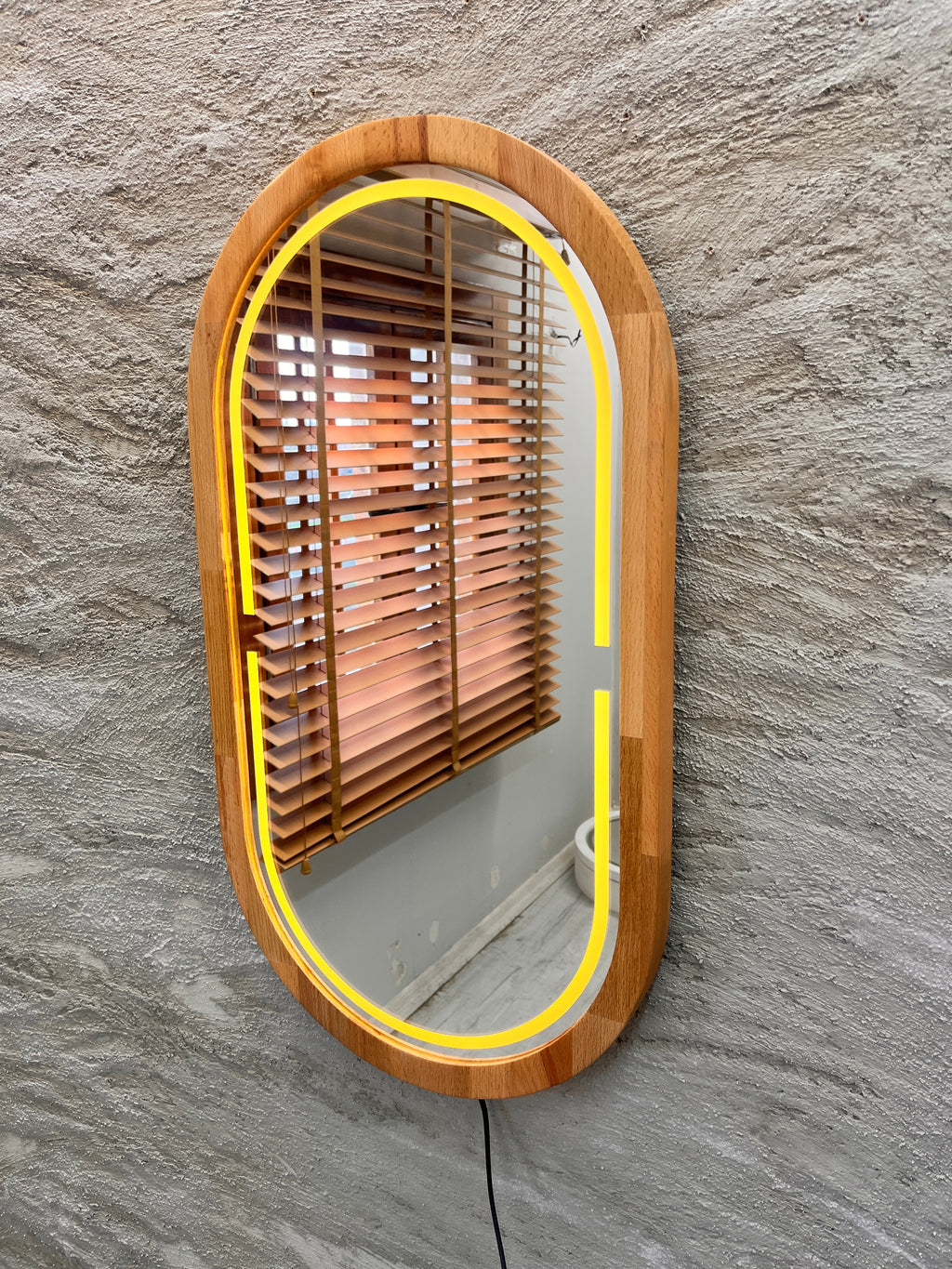 Handmade Beech Wood Framed LED Capsule Mirror Dimmable Lighted Wall Mirror