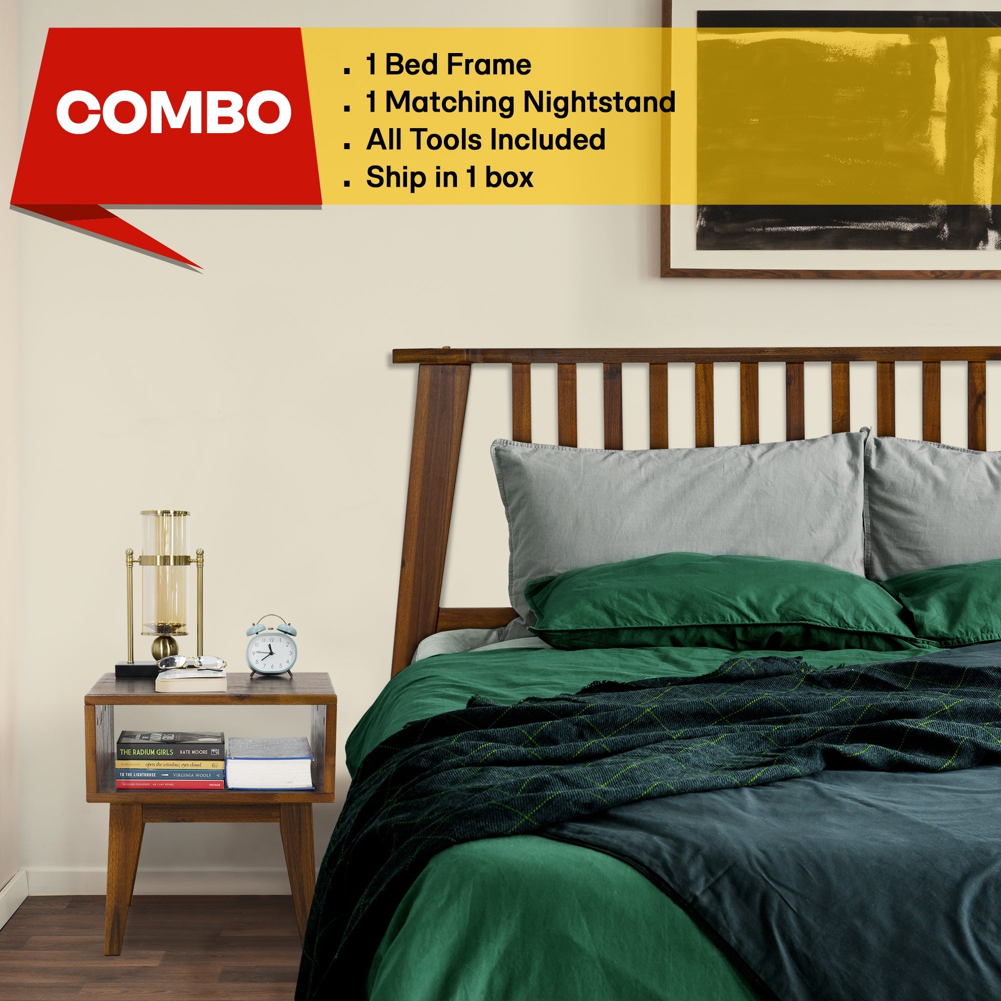Kaylin Solid Wood Bed Frame & Nightstand