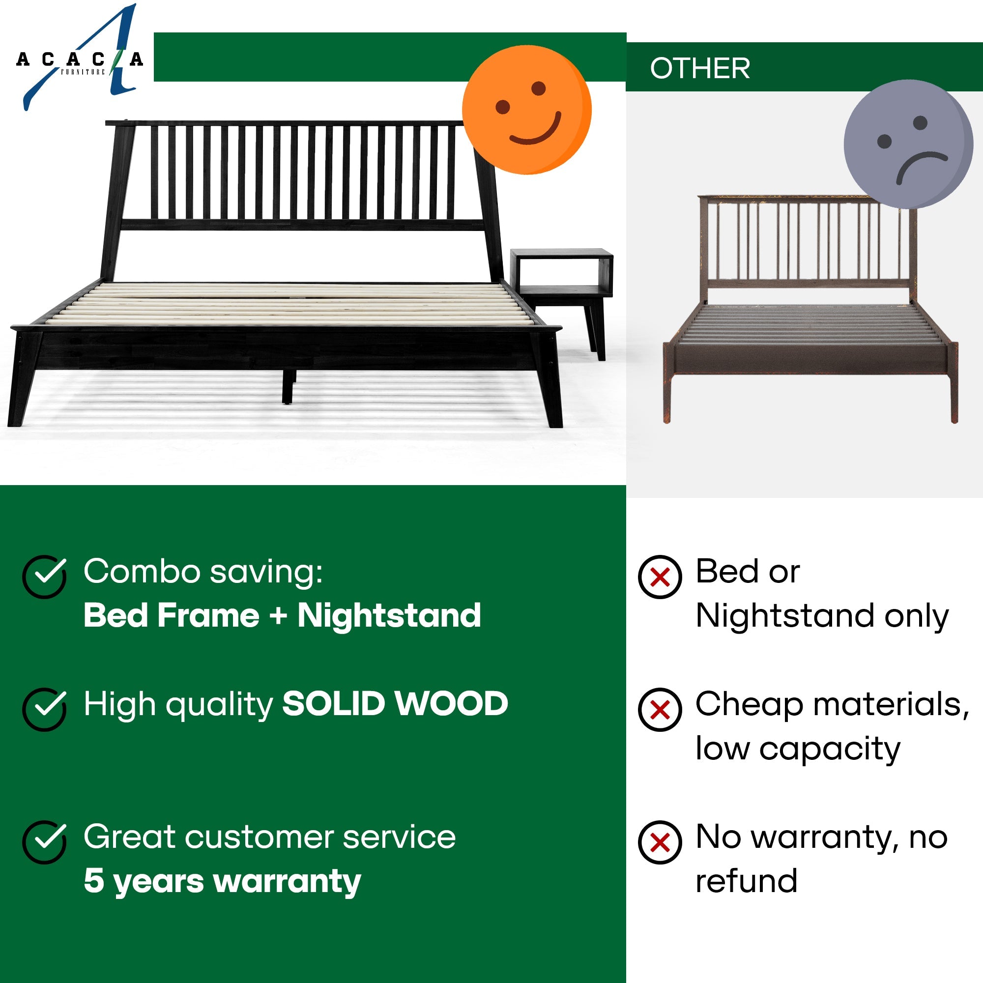 Kaylin Solid Wood Bed Frame & Nightstand