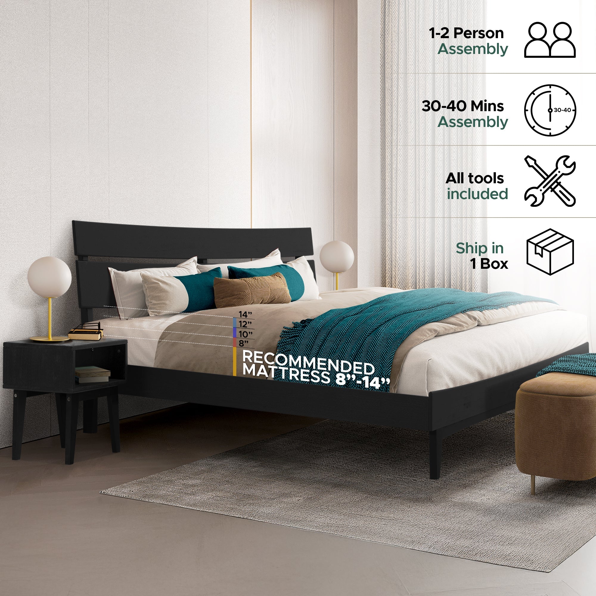 Aurora Solid Wood Bed Frame & Nightstand