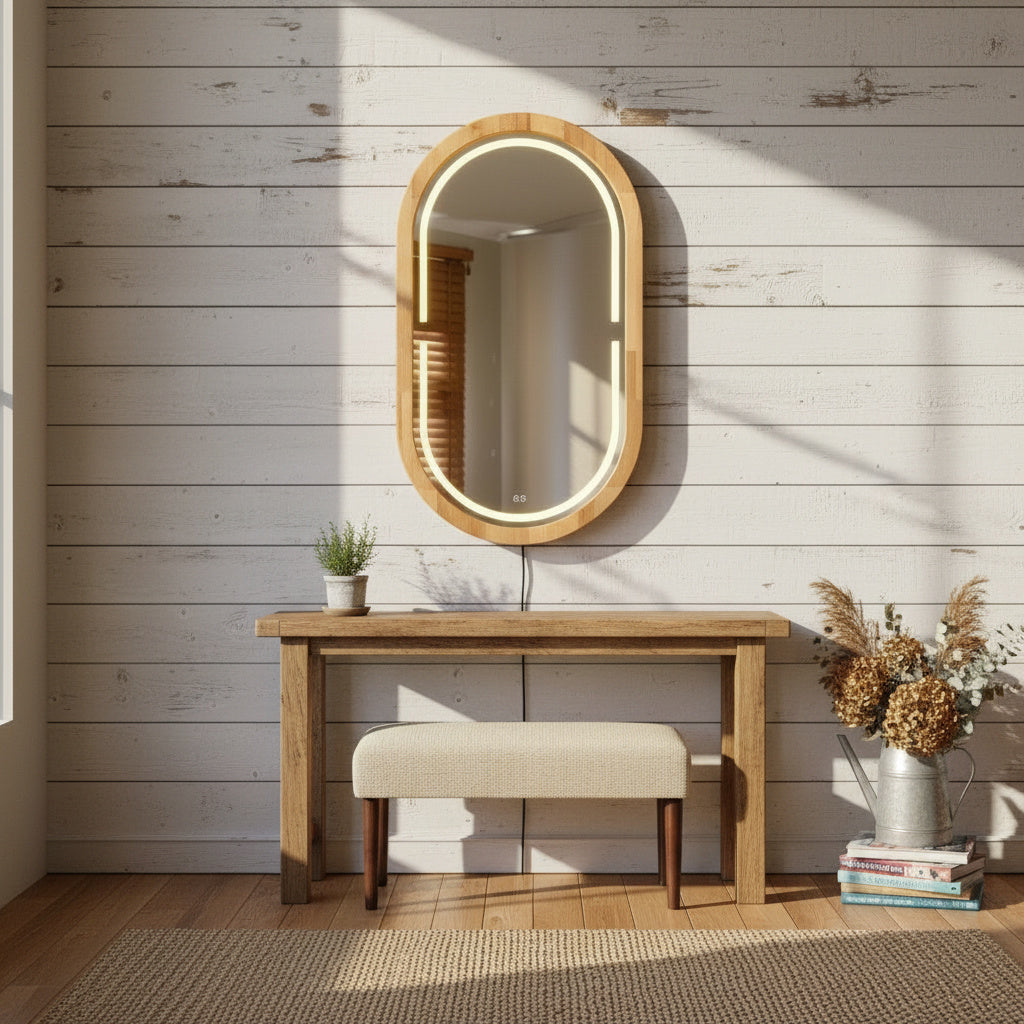Handmade Beech Wood Framed LED Capsule Mirror Dimmable Lighted Wall Mirror