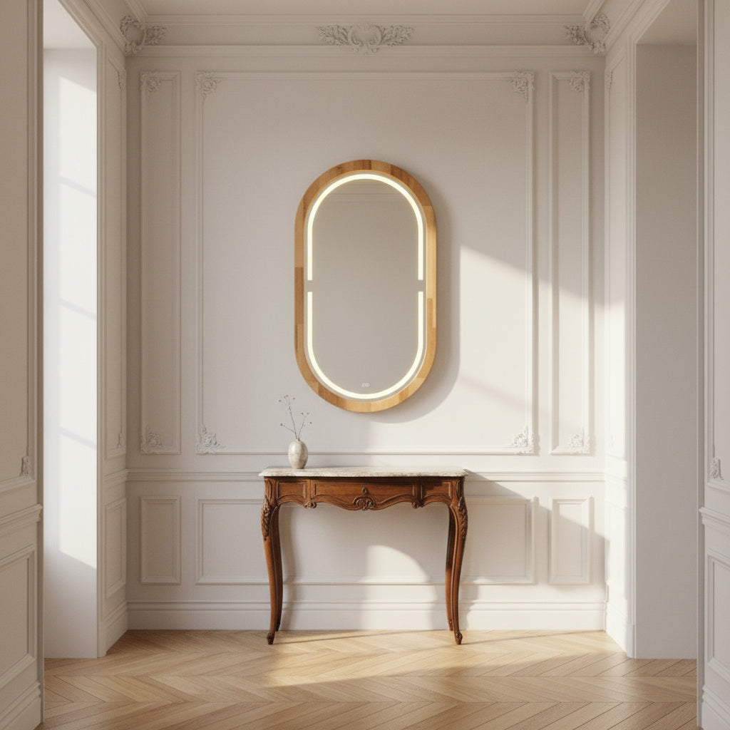 Handmade Beech Wood Framed LED Capsule Mirror Dimmable Lighted Wall Mirror