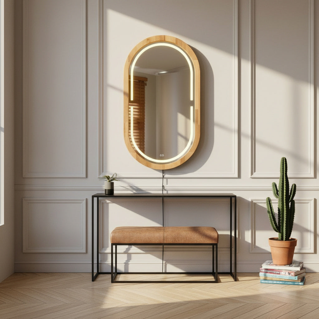 Handmade Beech Wood Framed LED Capsule Mirror Dimmable Lighted Wall Mirror