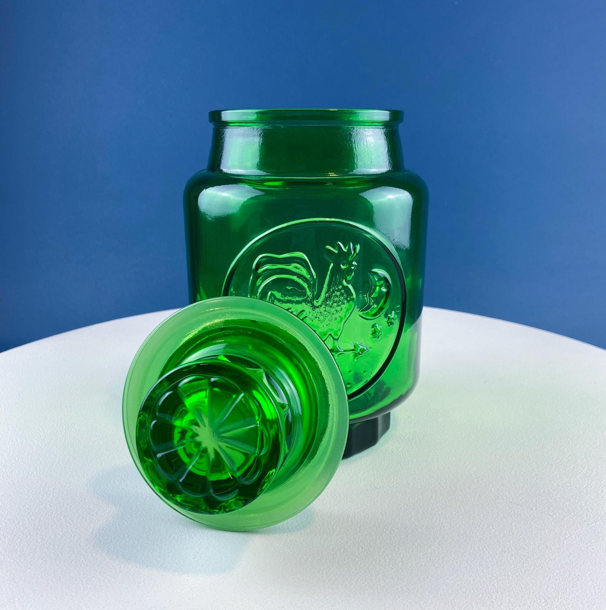 Vintage Green Glass Storage Jar with Lid. Wheton NJ. Glass Canister. Countertop Container or Cookie Jar. Modern Farmhouse. Dining Room Decor