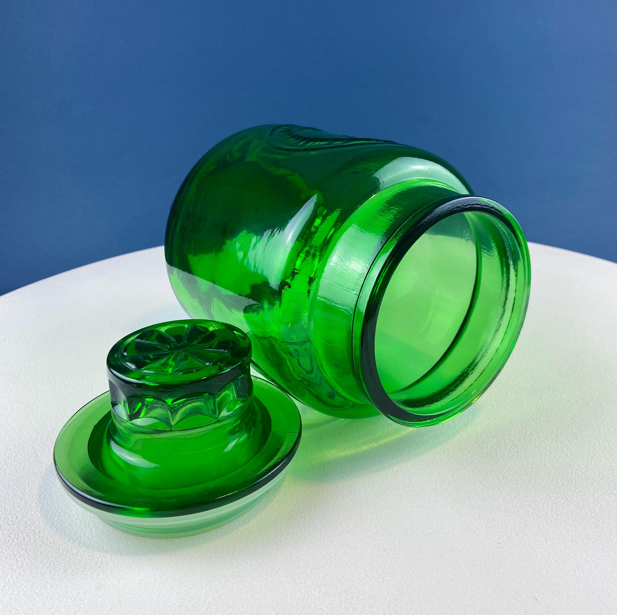 Vintage Green Glass Storage Jar with Lid. Wheton NJ. Glass Canister. Countertop Container or Cookie Jar. Modern Farmhouse. Dining Room Decor