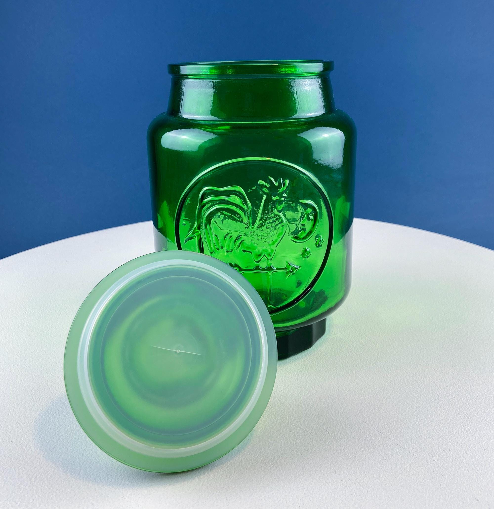 Vintage Green Glass Storage Jar with Lid. Wheton NJ. Glass Canister. Countertop Container or Cookie Jar. Modern Farmhouse. Dining Room Decor
