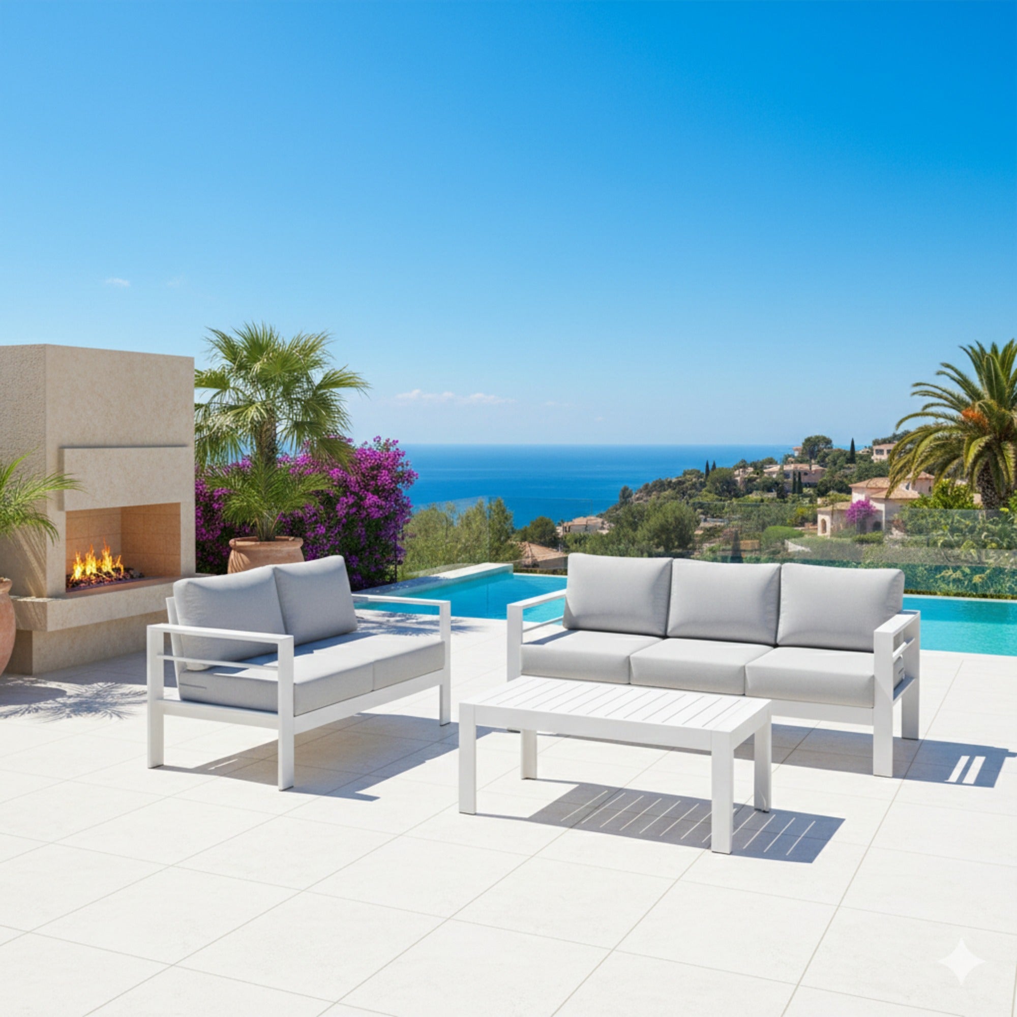 Outdoor Patio Set Aluminum White Gray Olefin Cushions 3 Piece
