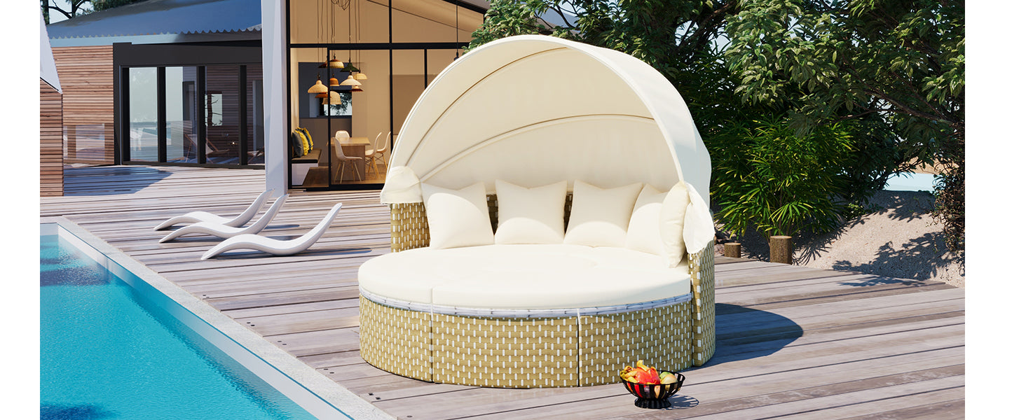 Outdoor Patio Round Rattan Daybed Sectional Beige Retractable Canopy