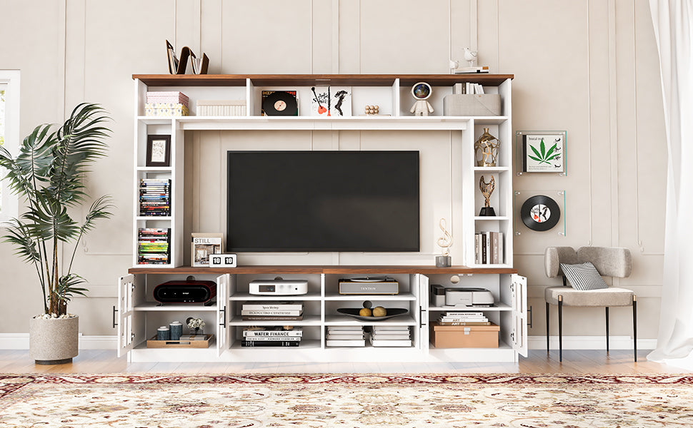 Entertainment Center Wall Unit White MDF Glass Fits 80 In TV 95.5x78.7 In