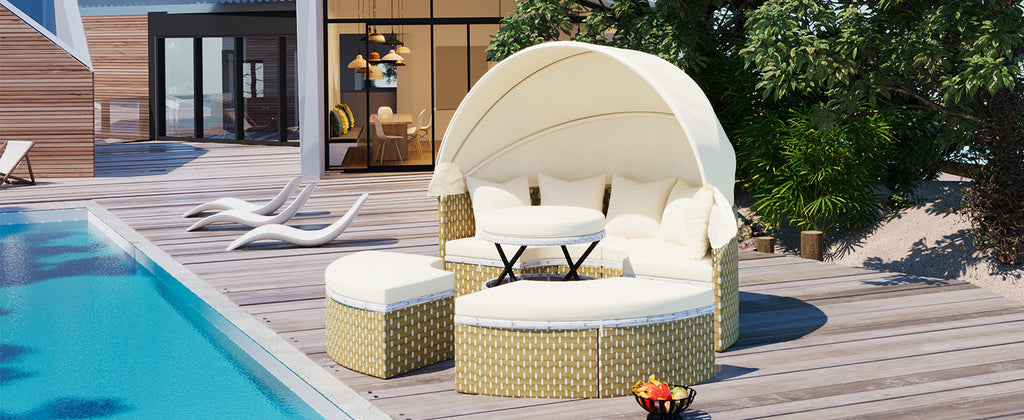 Outdoor Patio Round Rattan Daybed Sectional Beige Retractable Canopy