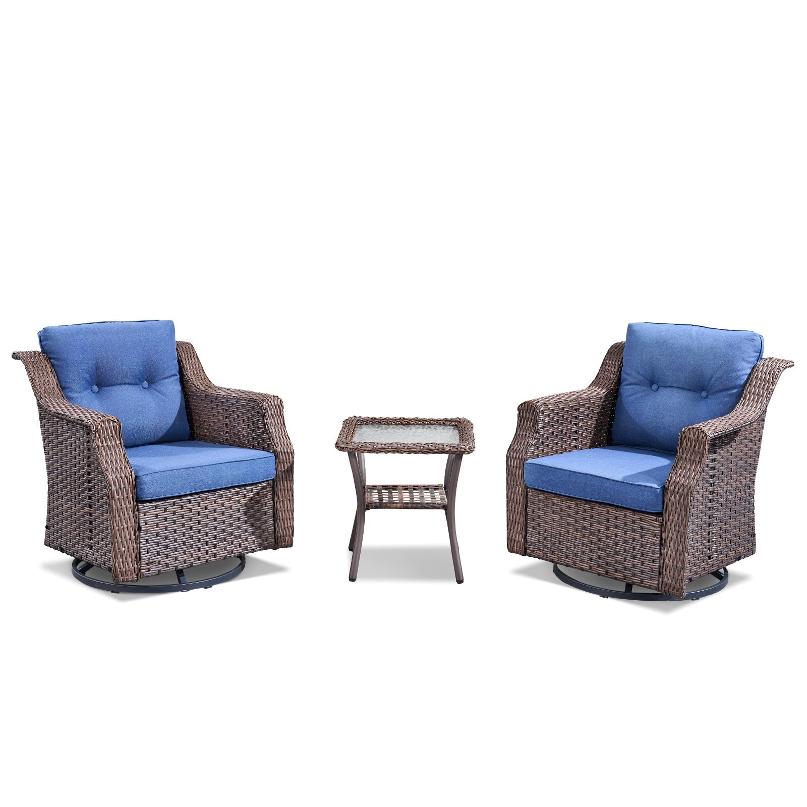 Outdoor Patio Set Wicker Swivel Rocker Blue 3 Piece with Side Table