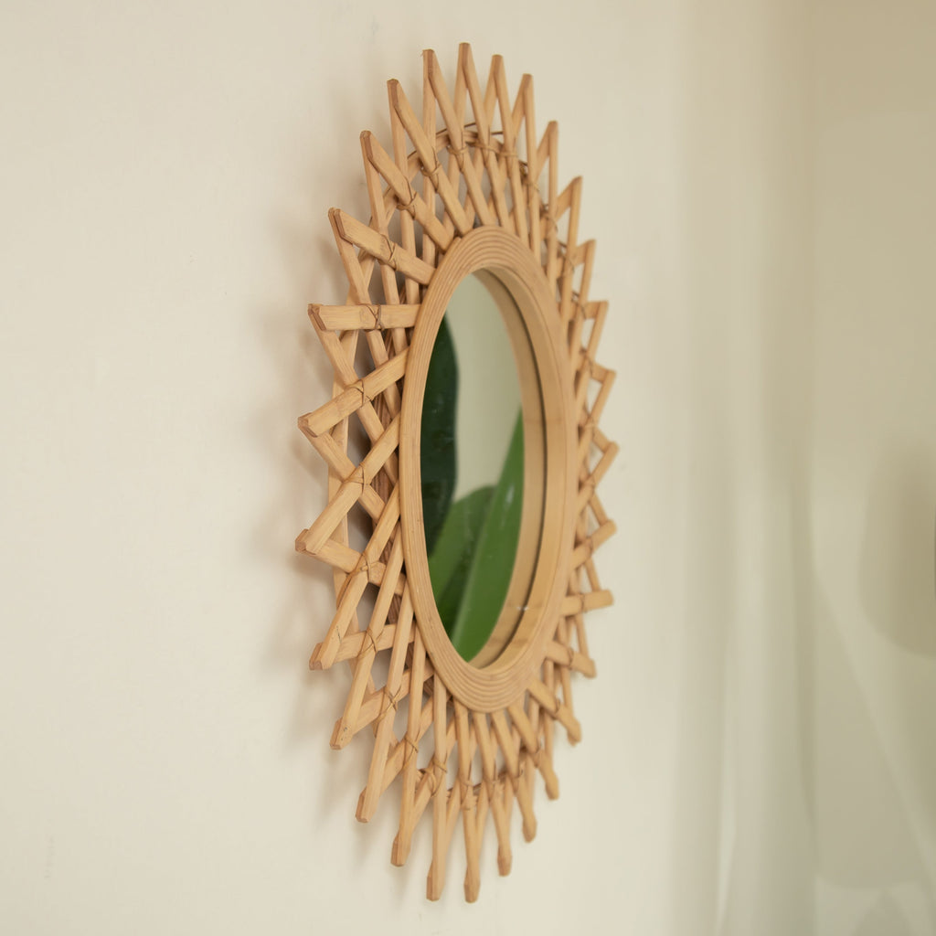 Wall Mirror Round Bamboo Hemp Rope Diamond Pattern Natural Boho 23.6 In