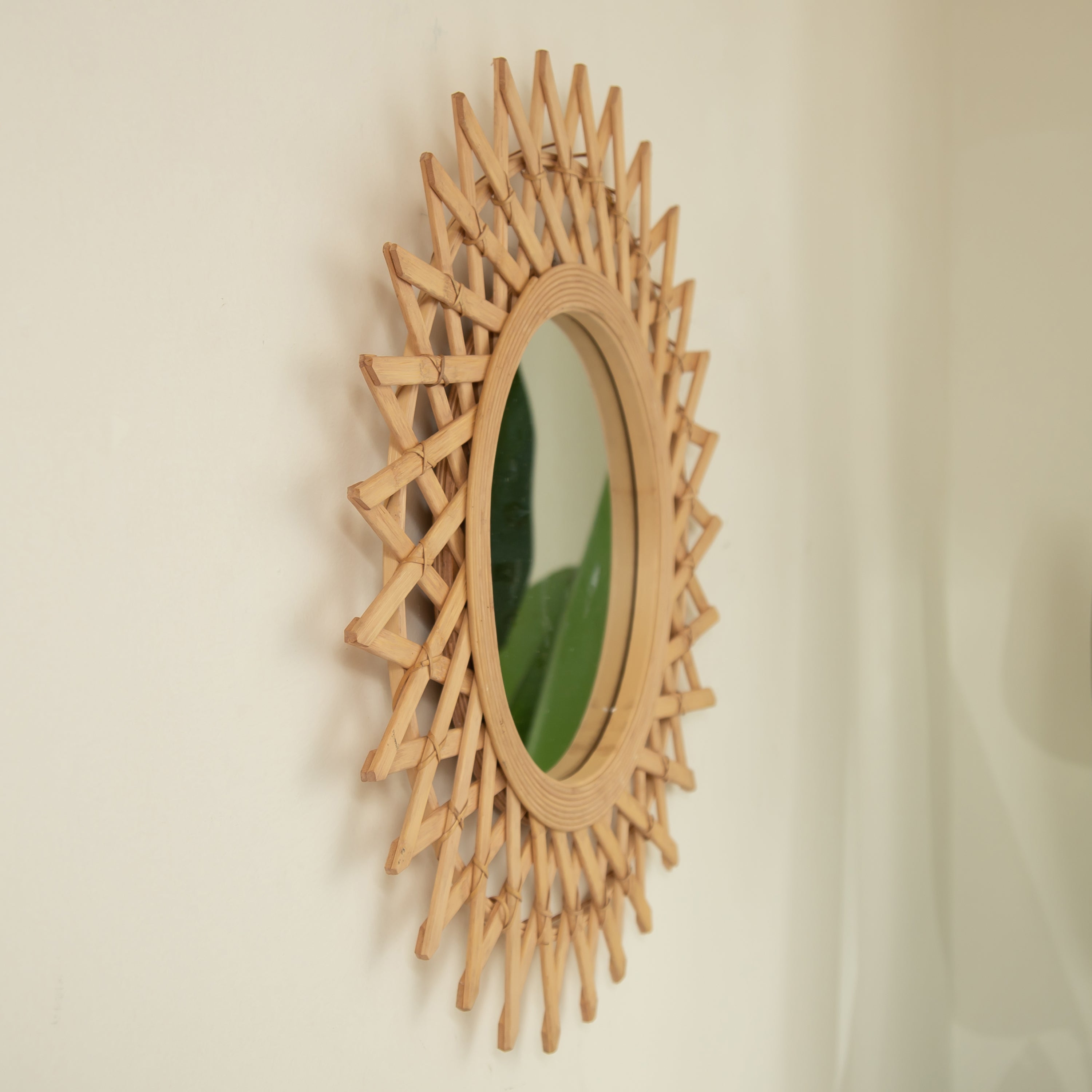 Wall Mirror Round Bamboo Hemp Rope Diamond Pattern Natural Boho 23.6 In