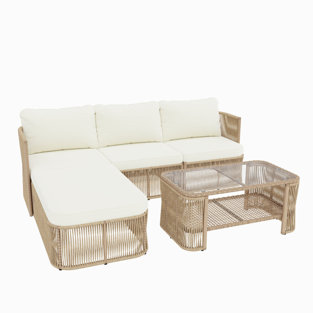 Outdoor Patio Set PE Rattan Iron Dark Beige Modular Glass Table