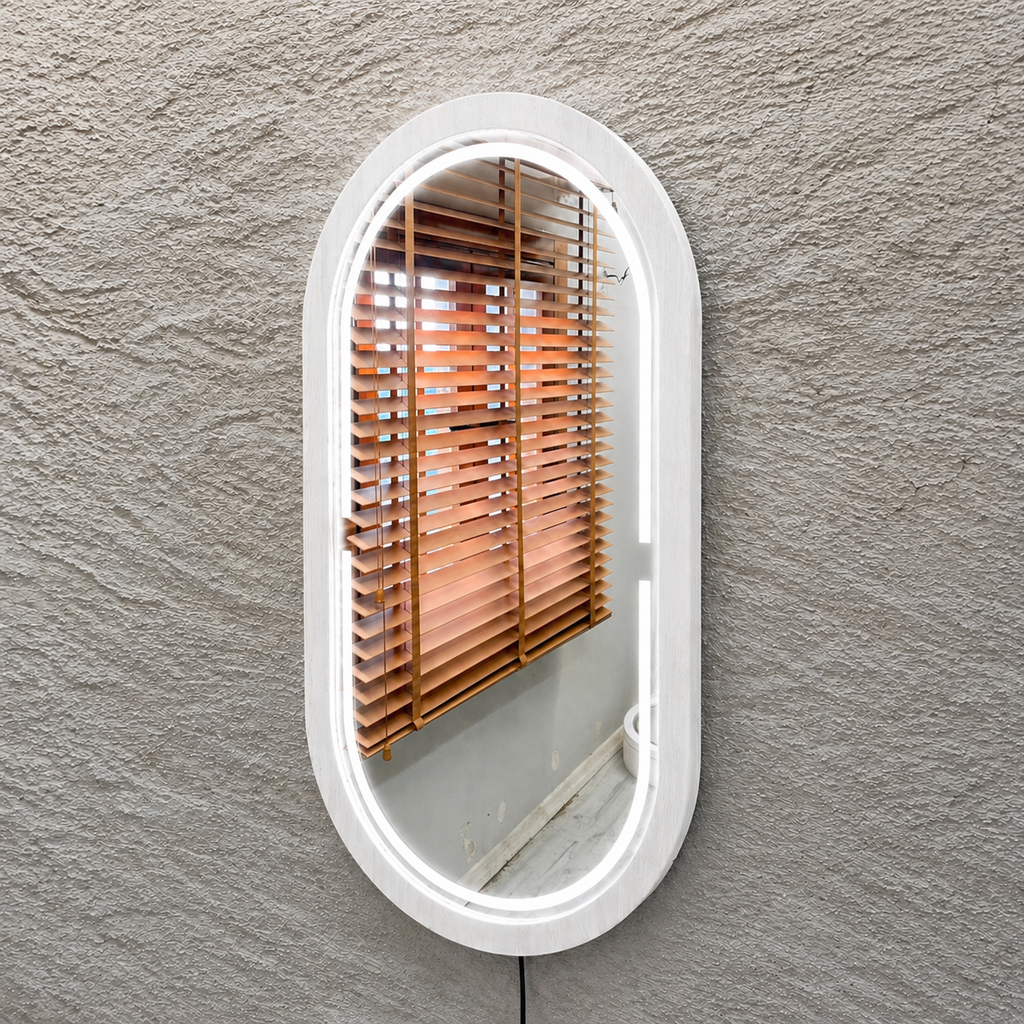 Handmade Beech Wood Framed LED Capsule Mirror Dimmable Lighted Wall Mirror