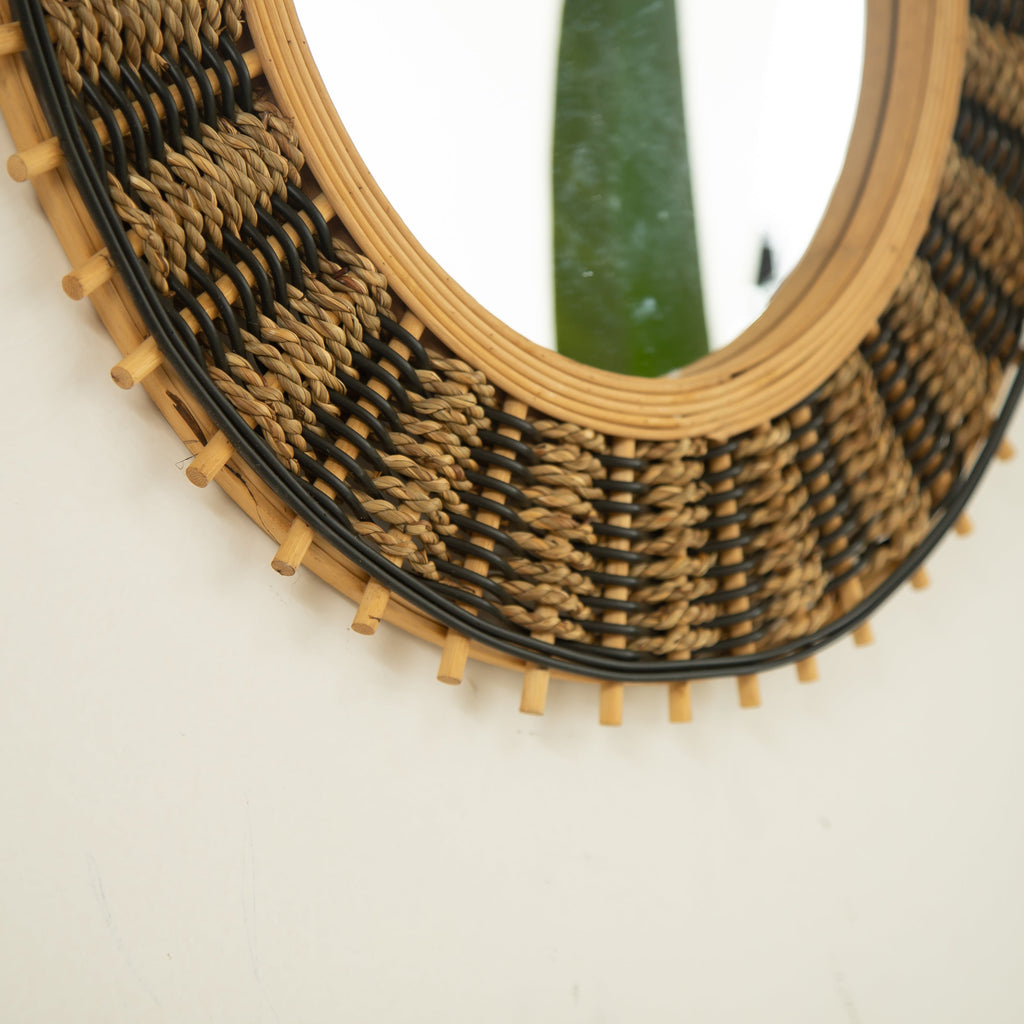 Wall Mirror Round Bamboo Hemp Rope Frame Natural Boho 23 In