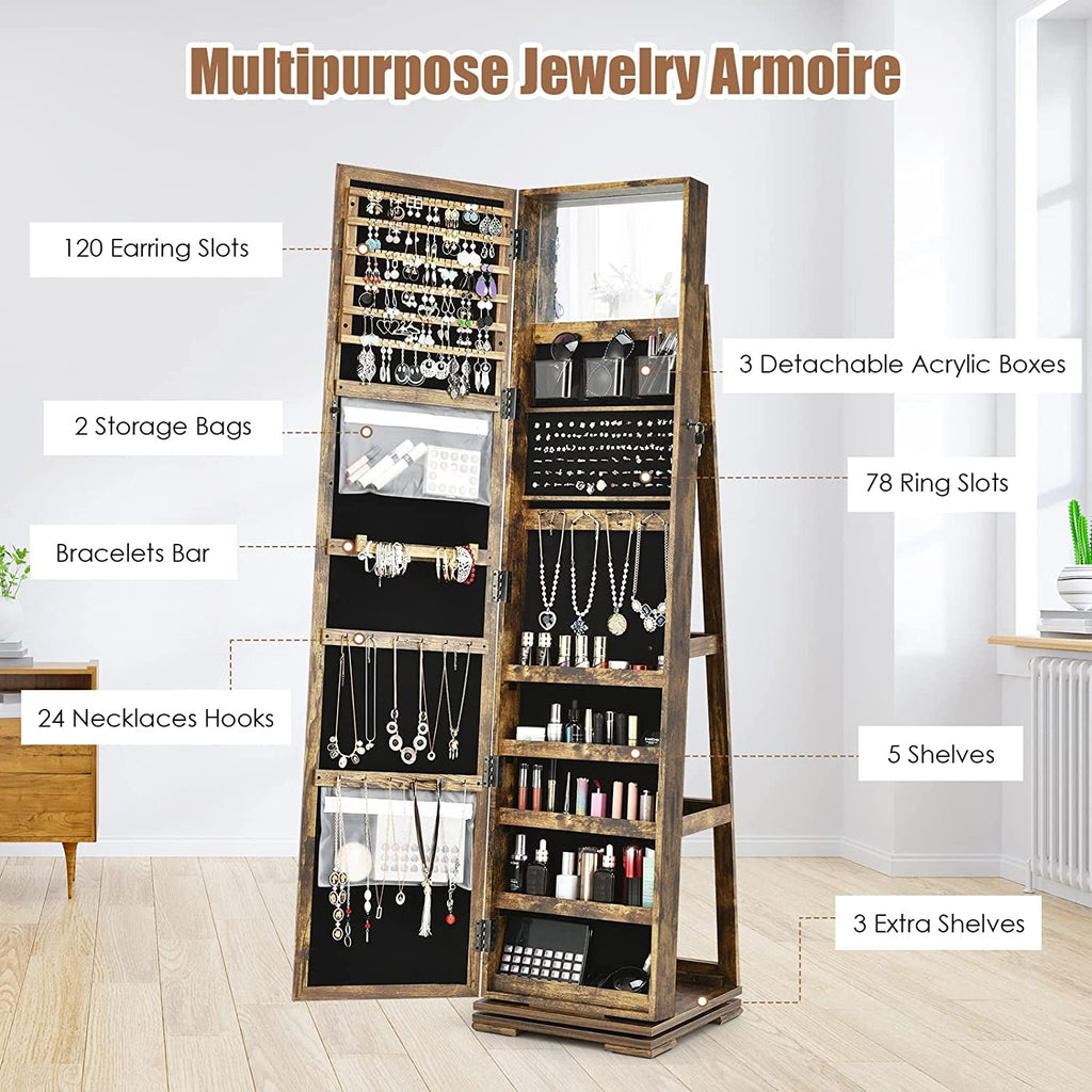 Elegant 360° Swivel Jewelry Armoire with Full-Length Mirror - Lockable Cabinet Organizer with Ample Storage, Makeup Mirror & Back Shelves (Rustic Brown)