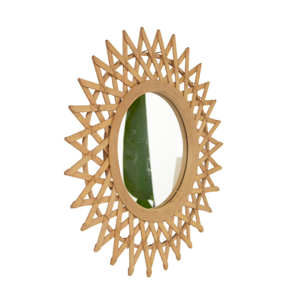 Wall Mirror Round Bamboo Hemp Rope Diamond Pattern Natural Boho 23.6 In