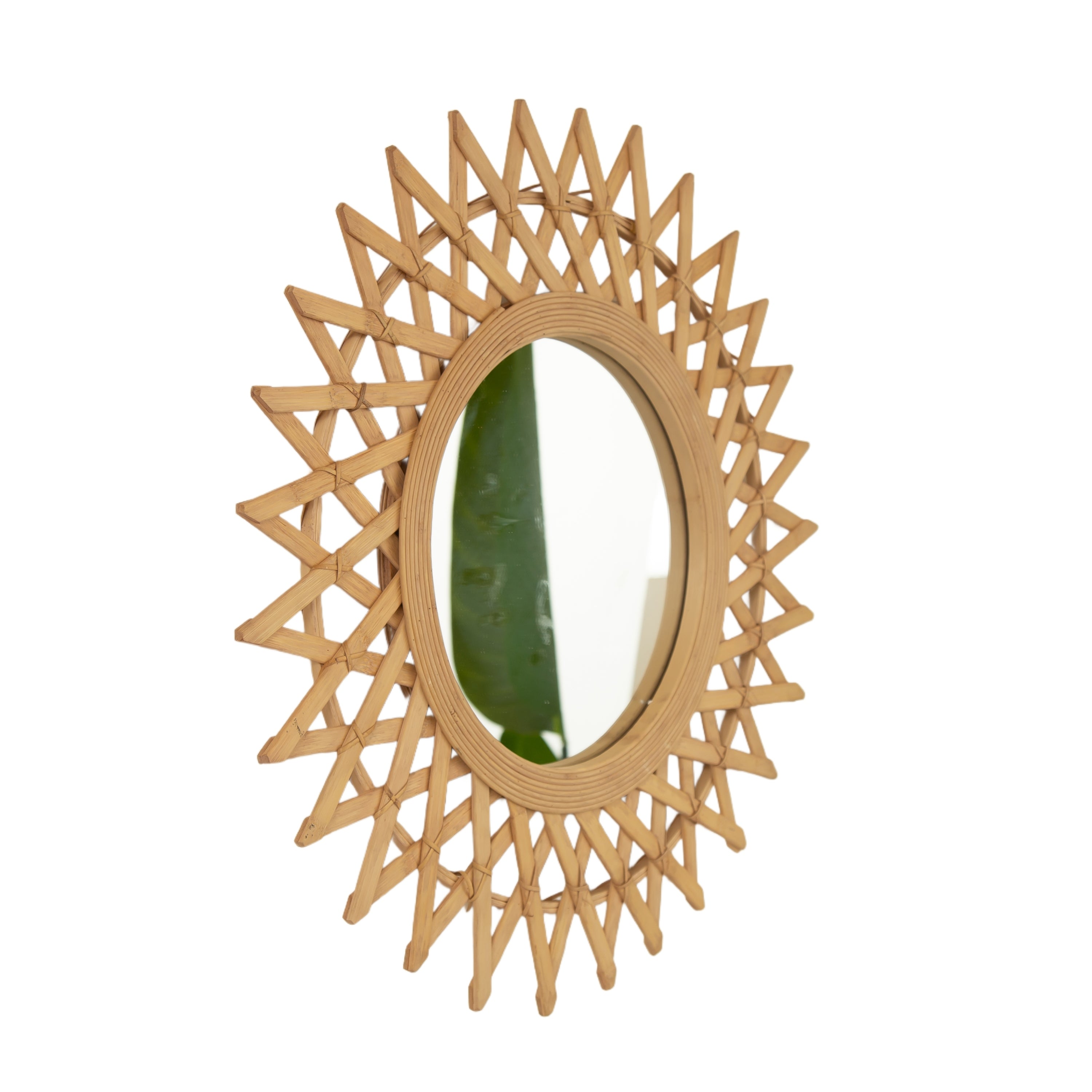 Wall Mirror Round Bamboo Hemp Rope Diamond Pattern Natural Boho 23.6 In