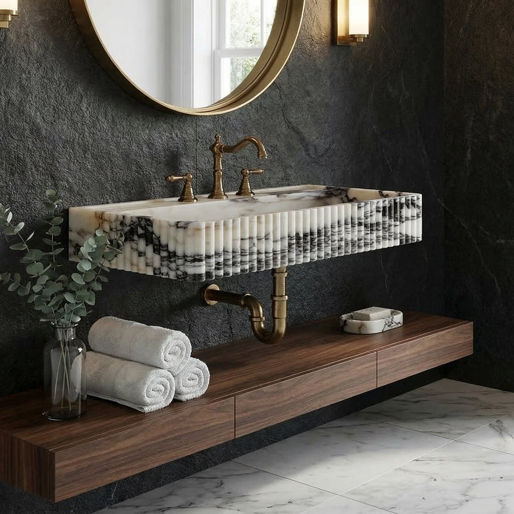 Calacatta Viola Marble Wall-Mount Rectangular Fluted Bathroom Sink